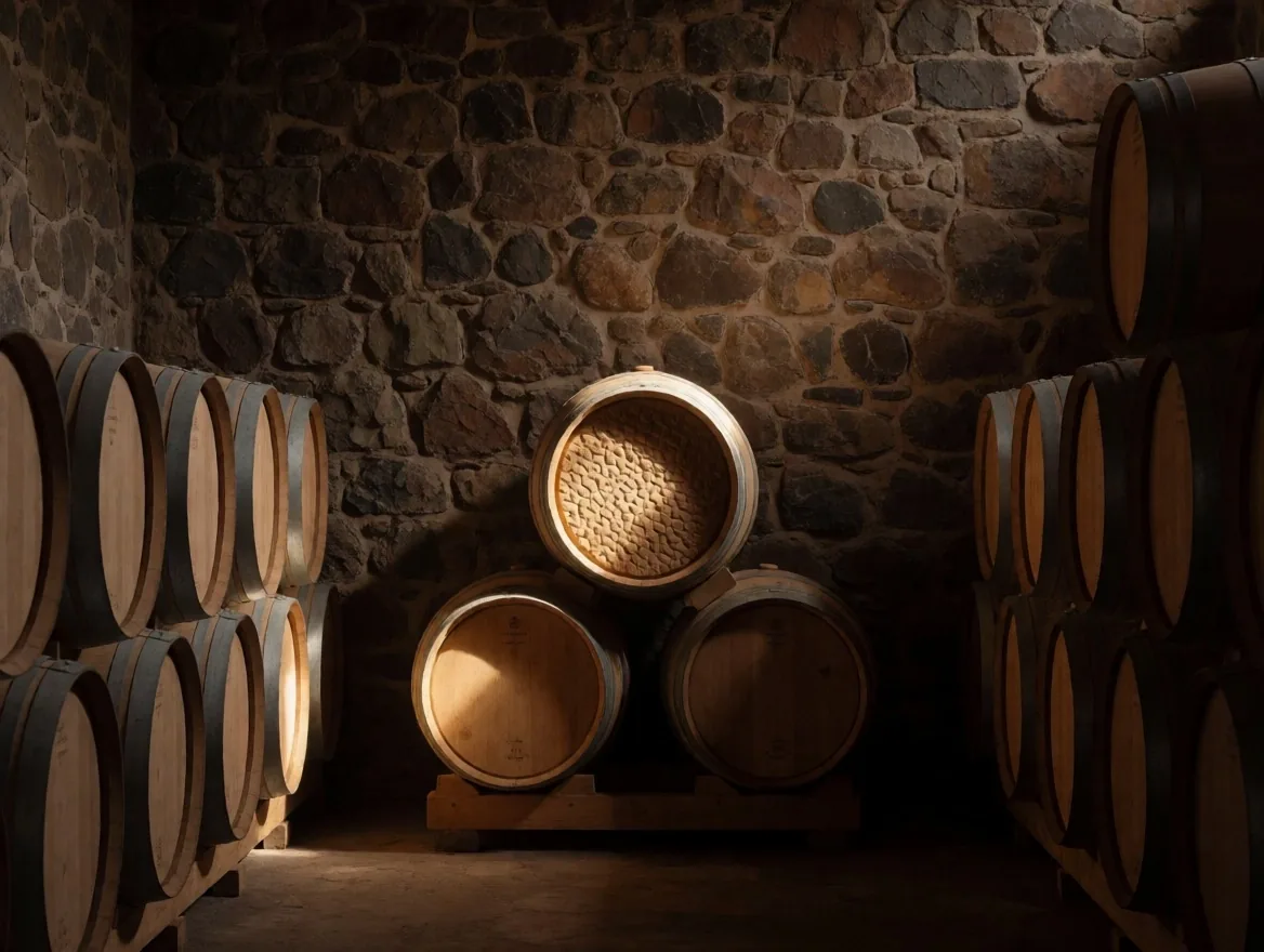 Interior de bodega con barricas de roble iluminadas por luz cálida