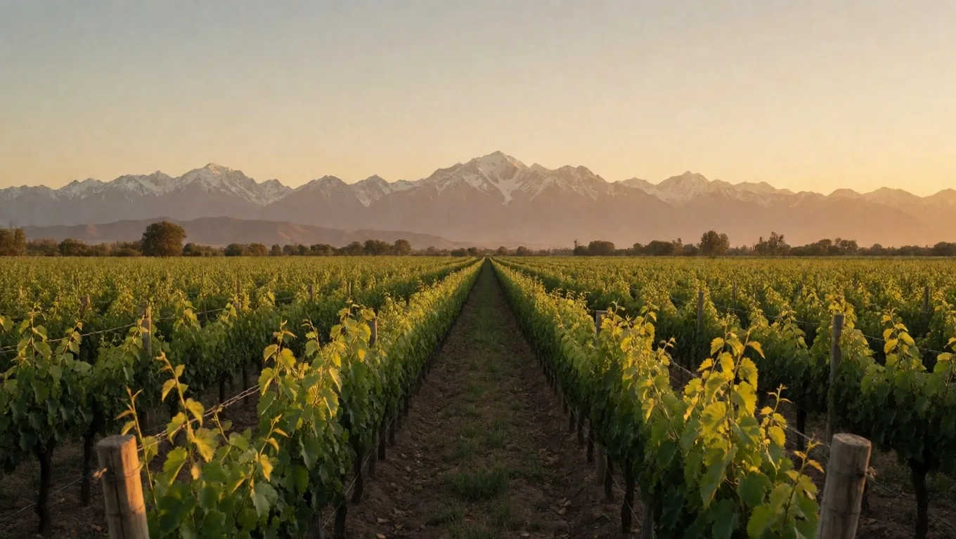 Filas de viñedos en Luján de Cuyo, Mendoza, con la cordillera de fondo al atardecer