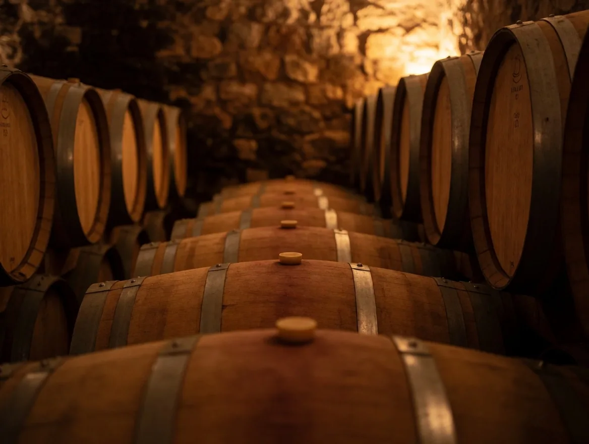 Sala de cata privada dentro de una cava con barricas de roble francés en Mendoza