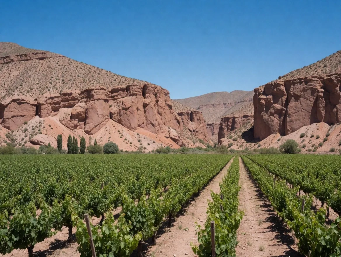 Paisaje de altura en Cafayate, Salta, con viñedos y formaciones rojizas