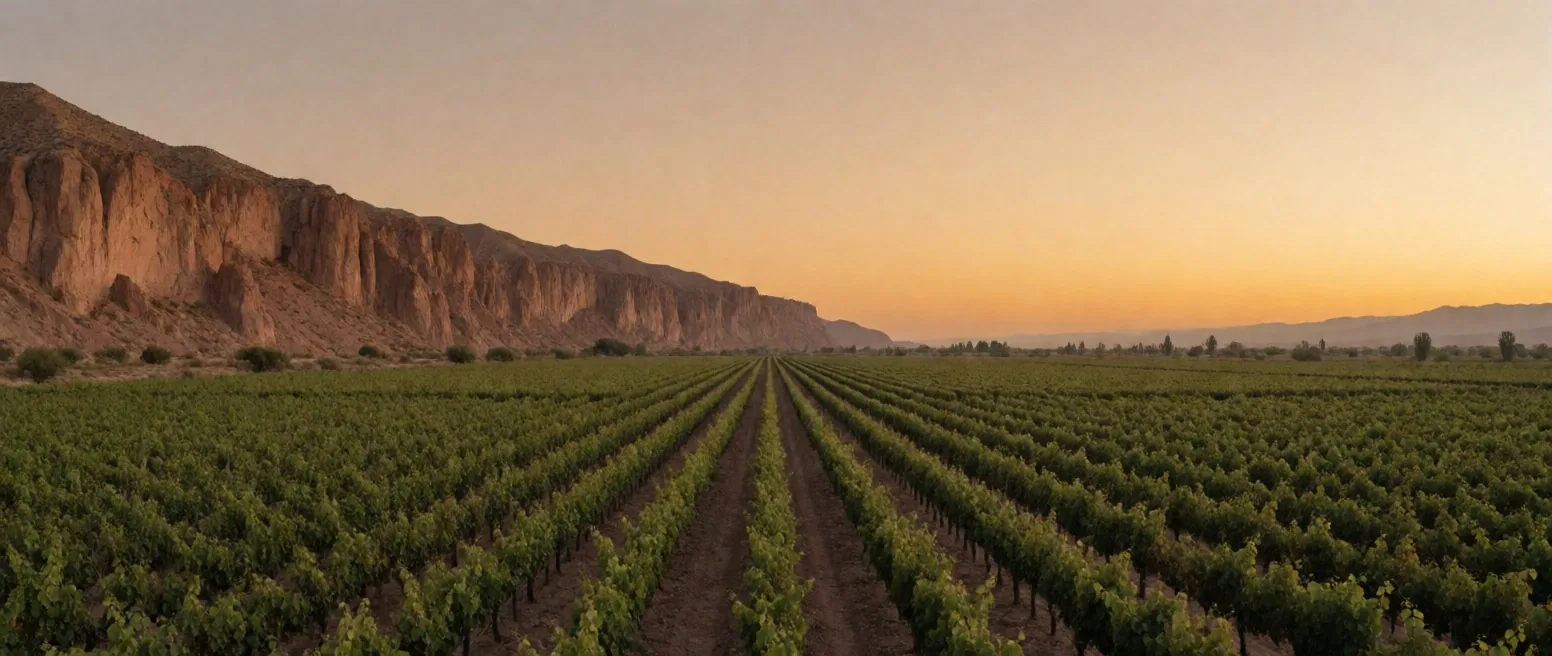 Viñedos de Cafayate, Salta, al atardecer con formaciones rocosas al fondo