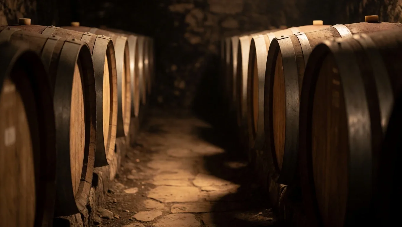 Cava de bodega mendocina con barricas de roble