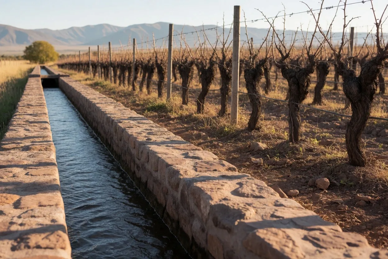 Viñedos antiguos de Malbec en Luján de Cuyo con acequia de riego tradicional