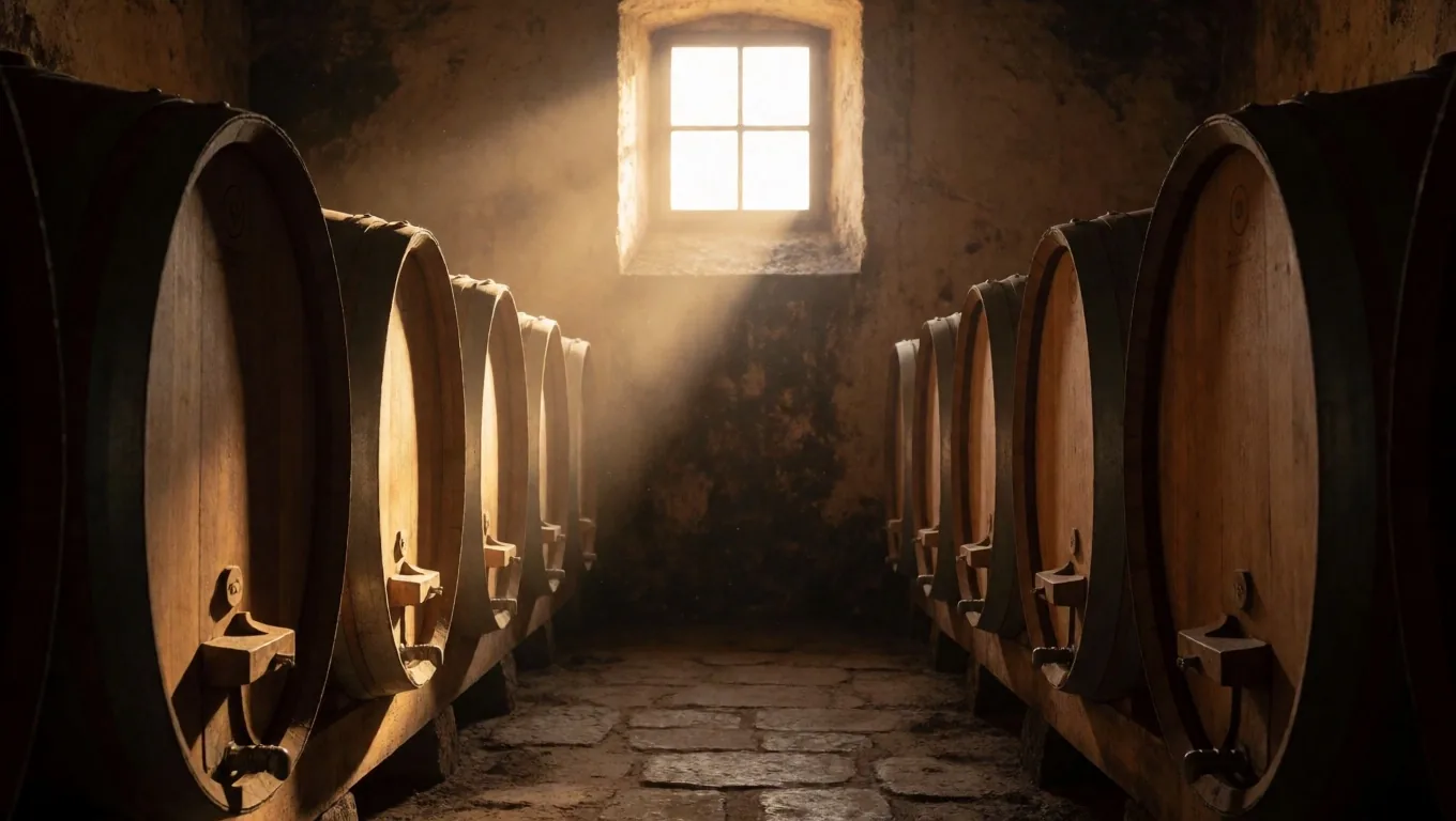 Interior de bodega con barricas de roble iluminadas por luz ámbar lateral