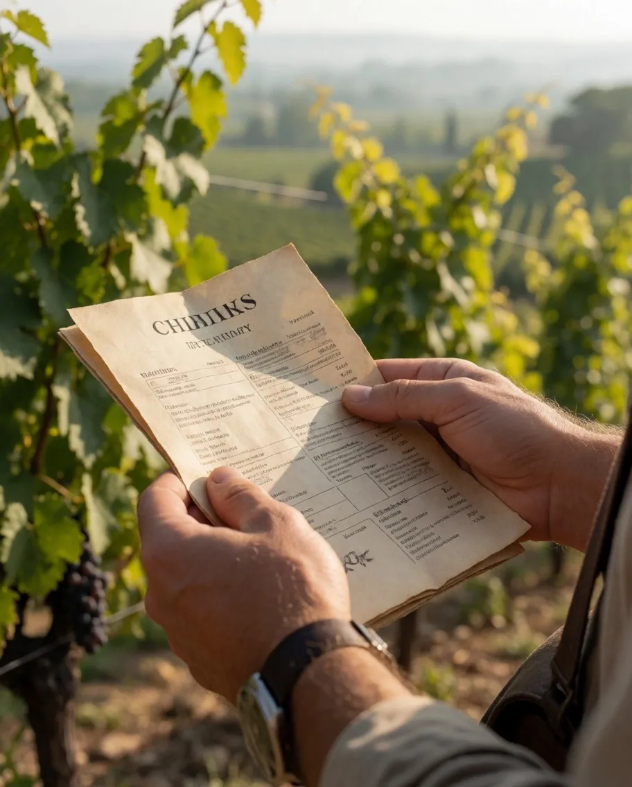 Manos de viajero sosteniendo un itinerario impreso de ruta del vino