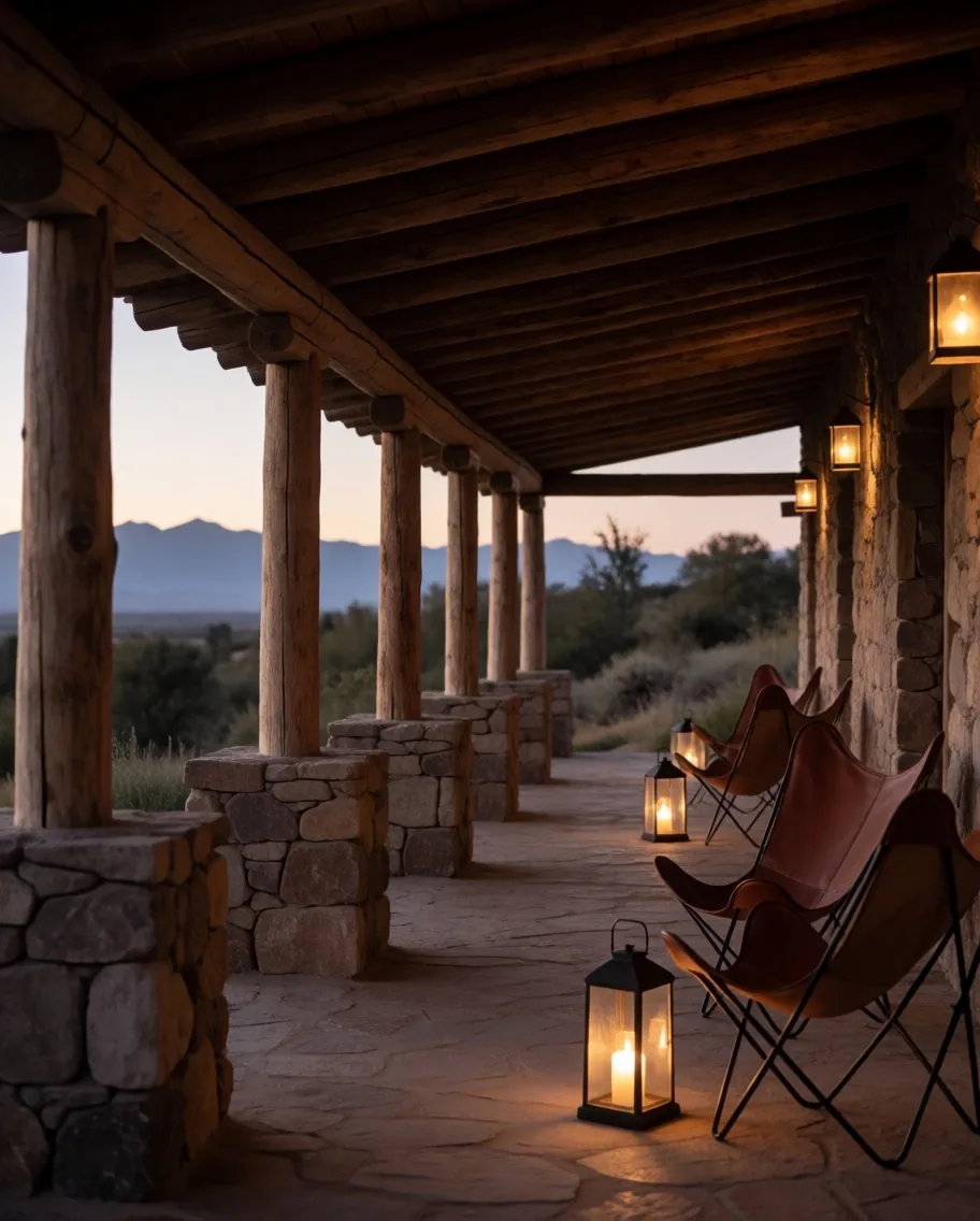 Terraza de lodge en Mendoza al atardecer con luz cálida de linternas