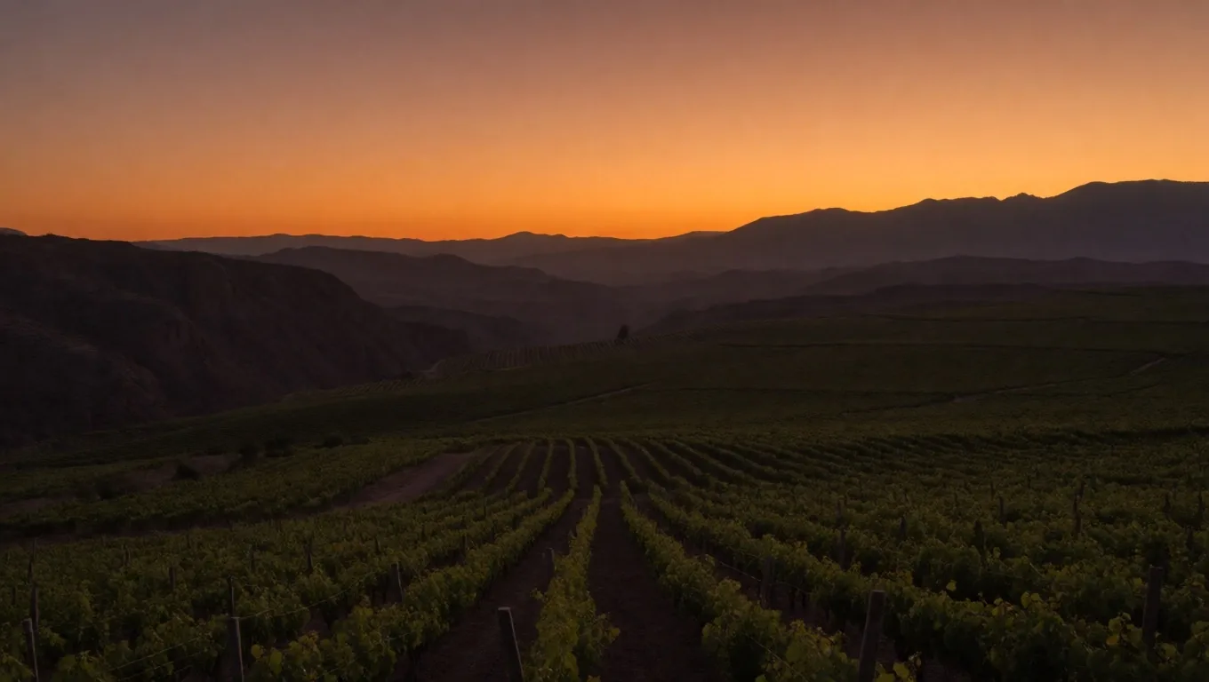 Viñedos de Mendoza al atardecer con la cordillera de los Andes al fondo